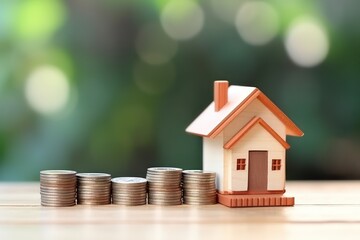Selective focus at wooden house mock up that put on the top of growth money coins stack on the glass table with blurred background. Wealth and saving for home ownership and financial concept.
