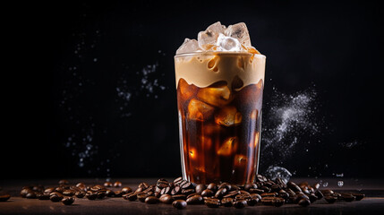 A Glass of Iced Coffee on a Table with Scattered Coffee Beans