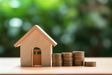 money coins stack on the glass table with blurred background. Wealth and saving for home ownership and financial concept.