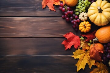 Naklejka na ściany i meble Thanksgiving or autumn scene with pumpkins, autumn leaves and berries on wooden table. Autumn background with copy space. Banner