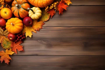 Gordijnen Thanksgiving or autumn scene with pumpkins, autumn leaves and berries on wooden table. Autumn background with copy space. Banner © Anatolii