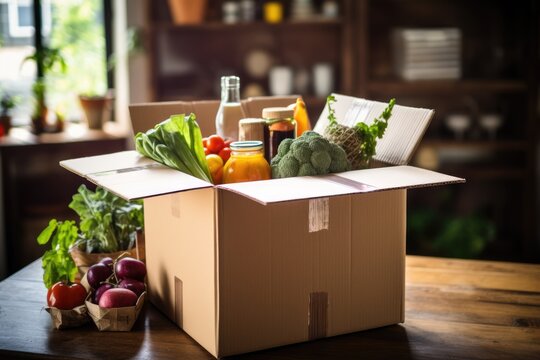 cardboard box with food. vegetables and fruits in a cardboard box. food delivery and footbank concept