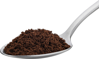 Ground coffee beans in spoon isolated, full depth of field