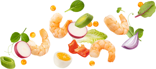 Falling shrimp salad ingredients isolated 