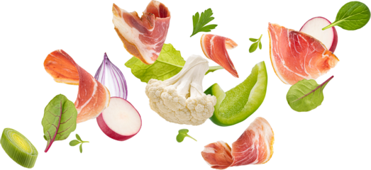 Salad with smoked bacon, falling ingredients, pork brisket, lettuce, tomato slices, herbs and vegetables isolated on white background, food banner with copy space