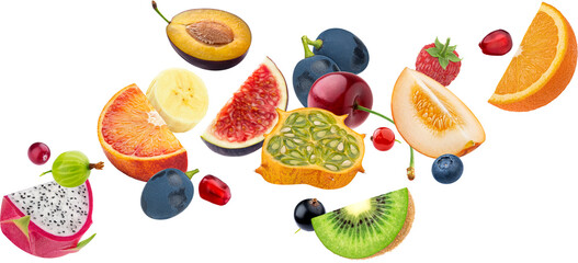 Fruit salad ingredients, falling exotic fruit slices and berries collection, design element made of summer tropical food, concept of healthy and dieting lifestyle - obrazy, fototapety, plakaty