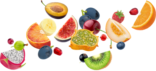 Fruit salad ingredients, falling exotic fruit slices and berries collection, design element made of summer tropical food, concept of healthy and dieting lifestyle