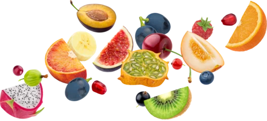 Plexiglas foto achterwand Fruit salad ingredients, falling exotic fruit slices and berries collection, design element made of summer tropical food, concept of healthy and dieting lifestyle © xamtiw