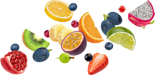 Fruit salad ingredients, falling exotic fruit slices and berries collection isolated