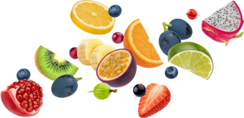Fruit salad ingredients, falling exotic fruit slices and berries collection isolated