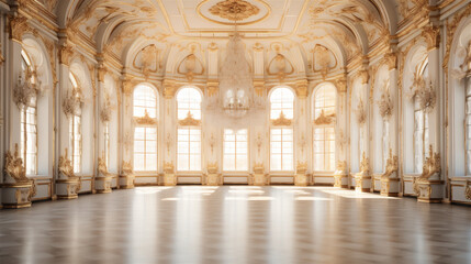 Fototapeta na wymiar An Extravagant European Ballroom, Palace Styled Room With Large Windows and Natural Lighting, a Chandelier Hanging From the Ceiling, Gold Decorations, Baroque Style Architecture, generative AI