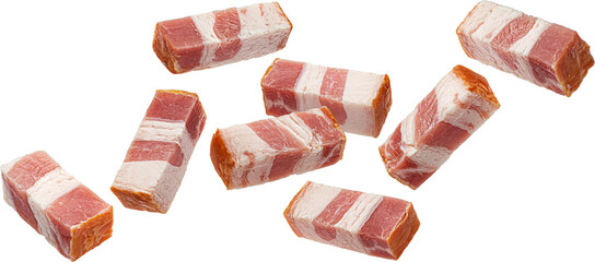 Italian pancetta, falling bacon cubes, diced smoked ham isolated on white background with clipping...