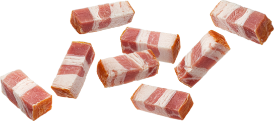 Italian pancetta, falling bacon cubes, diced smoked ham isolated on white background with clipping path