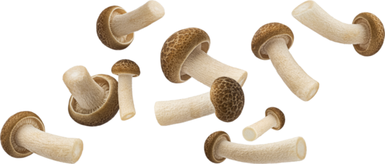 Falling Shimeji mushroom collection, brown beech mushrooms isolated