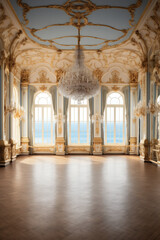 Fototapeta premium An Extravagant European Ballroom, Palace Styled Room With Large Windows and Natural Lighting, a Chandelier Hanging From the Ceiling, Gold Decorations, Baroque Style Architecture, generative AI