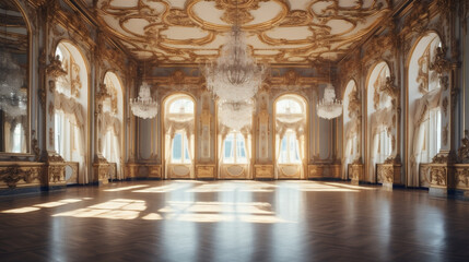 Fototapeta premium An Extravagant European Ballroom, Palace Styled Room With Large Windows and Natural Lighting, a Chandelier Hanging From the Ceiling, Gold Decorations, Baroque Style Architecture, generative AI