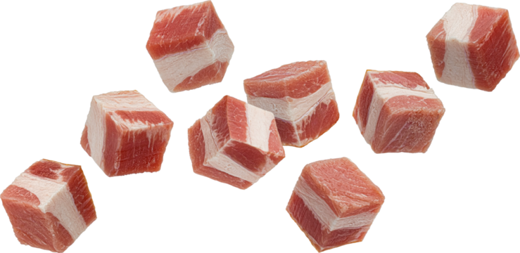Falling bacon cubes, diced smoked ham isolated