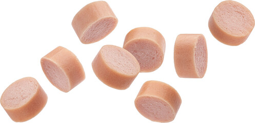 Falling Frankfurter sausage slices isolated