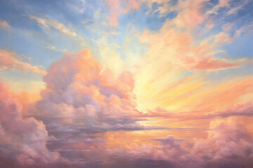 Heavenly Sky, Sunset Above the Clouds Painting, Representing Hope, Divinity, and The Heavens, Generative AI