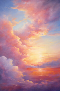 Heavenly Sky, Sunset Above the Clouds Painting, Representing Hope, Divinity, and The Heavens, Generative AI