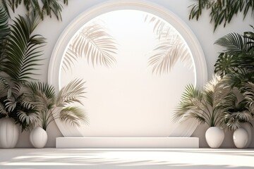 Fototapeta premium Abstract white studio background for product presentation. Empty room with shadows from windows and flowers and palm leaves. 3D room with copy space. Ai generative