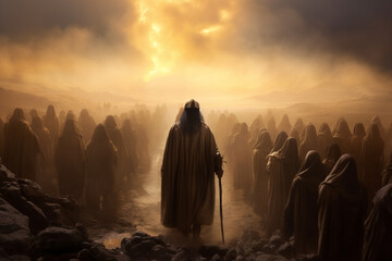 Moses leads the Jews through the desert, Moses led his people to the Promised Land through the Sinai desert. Religion Bible, History. Escape. - obrazy, fototapety, plakaty