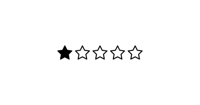 Five Stars Rating animation. Set of Stars. One Star Rating on White Background. Product Quality, Feedback, Customer review
