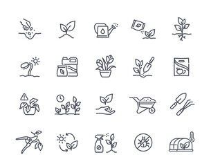 Grow plants icons set. Outline planting flowers and seeds, watering can and fertilizers. Spring, agriculture and gardening concept. Linear flat vector collection isolated on white background - obrazy, fototapety, plakaty