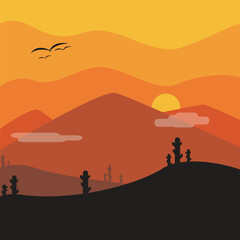 Background Vector flat illustration, sunset summer background in the desert with silhouette Background, with simple minimalist Concept.