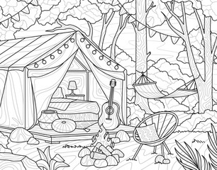Fototapeta na wymiar Landscape with tent and campfire. Outline landscape in zen tangle style with campsite and guitar, hammock and trees. Antistress coloring book for adults and children. Linear flat vector illustration
