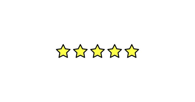 Five Stars Rating animation. Set of Stars. Five Star Rating on White Background. Product Quality, Feedback, Customer review.