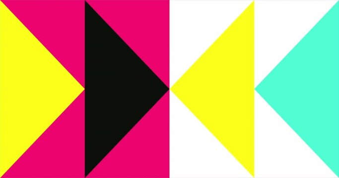 Modern loop Animated Geometric pattern or background. 4K resolution geometric motion design in pink, yellow, blue and black colors. Abstract mooving shapes background with triangular