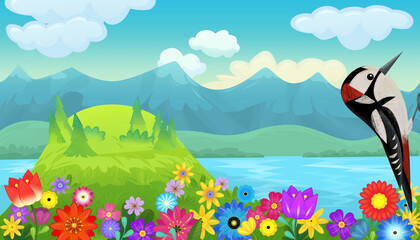 cartoon happy fairy tale scene with nature forest and funny bird on meadow illustration for children