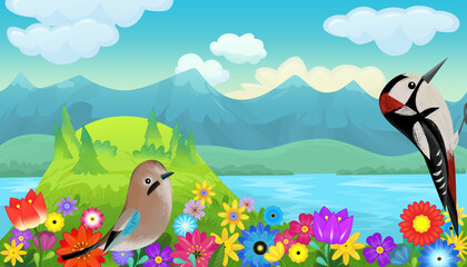 cartoon happy fairy tale scene with nature forest and funny bird on meadow illustration for children