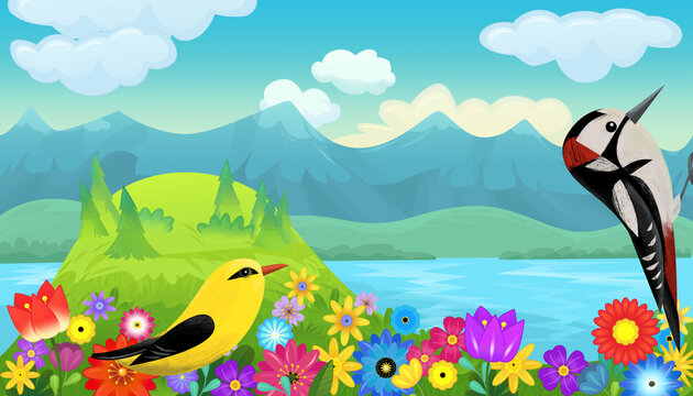 cartoon happy fairy tale scene with nature forest and funny bird on meadow illustration for children