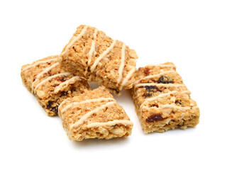 Oatmeal, almond and honey cereal bar isolated on white background