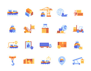 Cargo delivery by ship icons set. Colorful stickers with loading process of stacking containers. Sea route with logistics related port, ships and cars. Cartoon flat vector isolated on white background