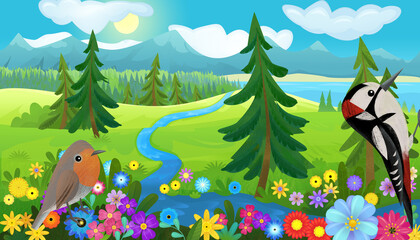 cartoon happy fairy tale scene with nature forest and funny bird on meadow illustration for children