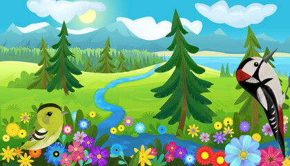 cartoon happy fairy tale scene with nature forest and funny bird on meadow illustration for children