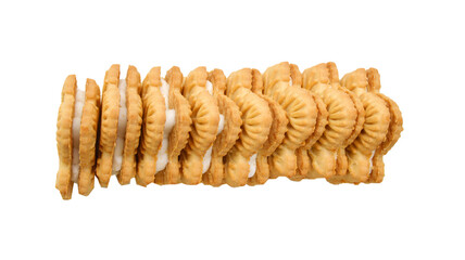 Vanilla sandwich creme cookies on white background 