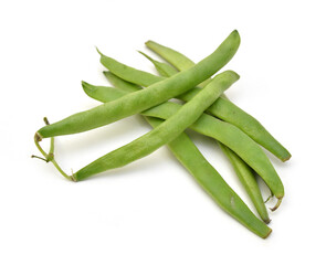 Green beans with leaves on white background