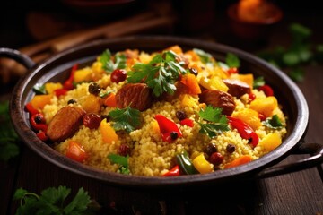 couscous with meat, vegetables and herbs on a dark rustic wooden background