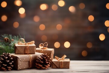 christmas and new year background - gift boxes and pine cones and branches on the background of bokeh garlands