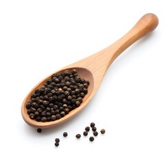 black pepper in a wooden spoon on white background