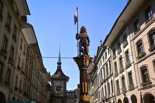 The Zahringen Fountain and the Zytglogge in Bern Old City - Switzerland