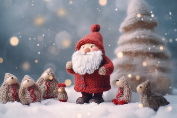 Abstract Christmas background with Santa Claus woven from knitting threads. Template for greeting card with copy space for text. Generative AI.