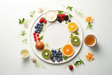 white plate with healthy food, fruits and berries on a white background, top view, free space. ai generative