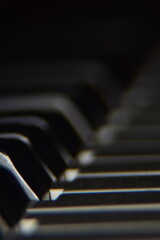 Close up of piano keys. Extreme macro shot of instrument, piano of synthesizer keys.