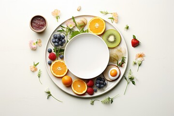 white plate with healthy food, fruits and berries on a white background, top view, free space. ai generative