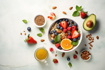 Fototapeta na wymiar Healthy oatmeal with summer berries, blueberries, raspberries, strawberries in a bowl. The concept of clean healthy food. ai generative